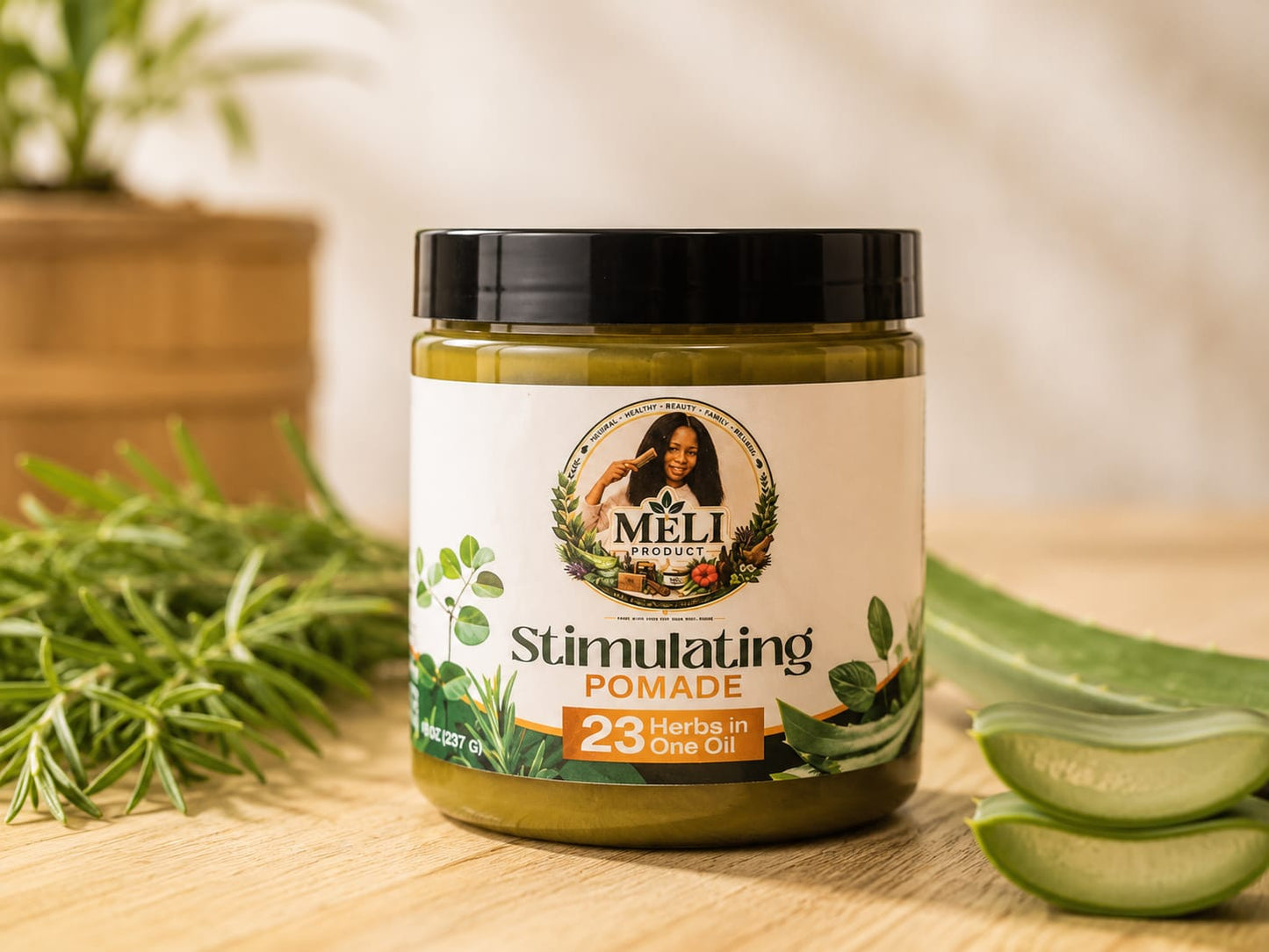 Meli Stimulating Pomade 8oz jar with natural herbs and aloe vera