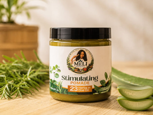 Meli Stimulating Pomade 8oz jar with natural herbs and aloe vera