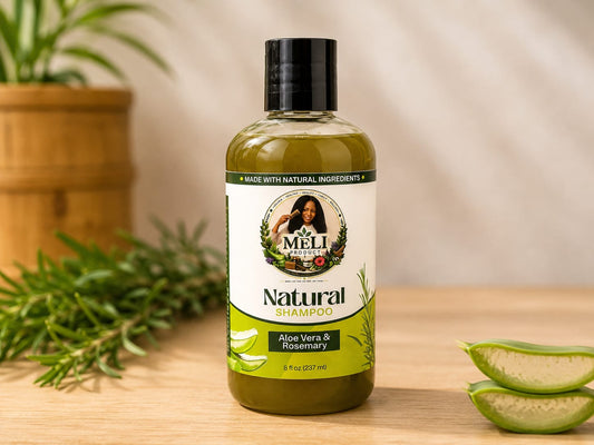 Meli Natural Shampoo 8fl oz bottle with aloe vera and rosemary